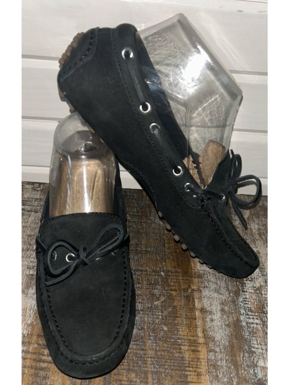 Cole Haan Sz 6.5B Women’s Suede Bow Slip On Driving Moccasins Shoes Black